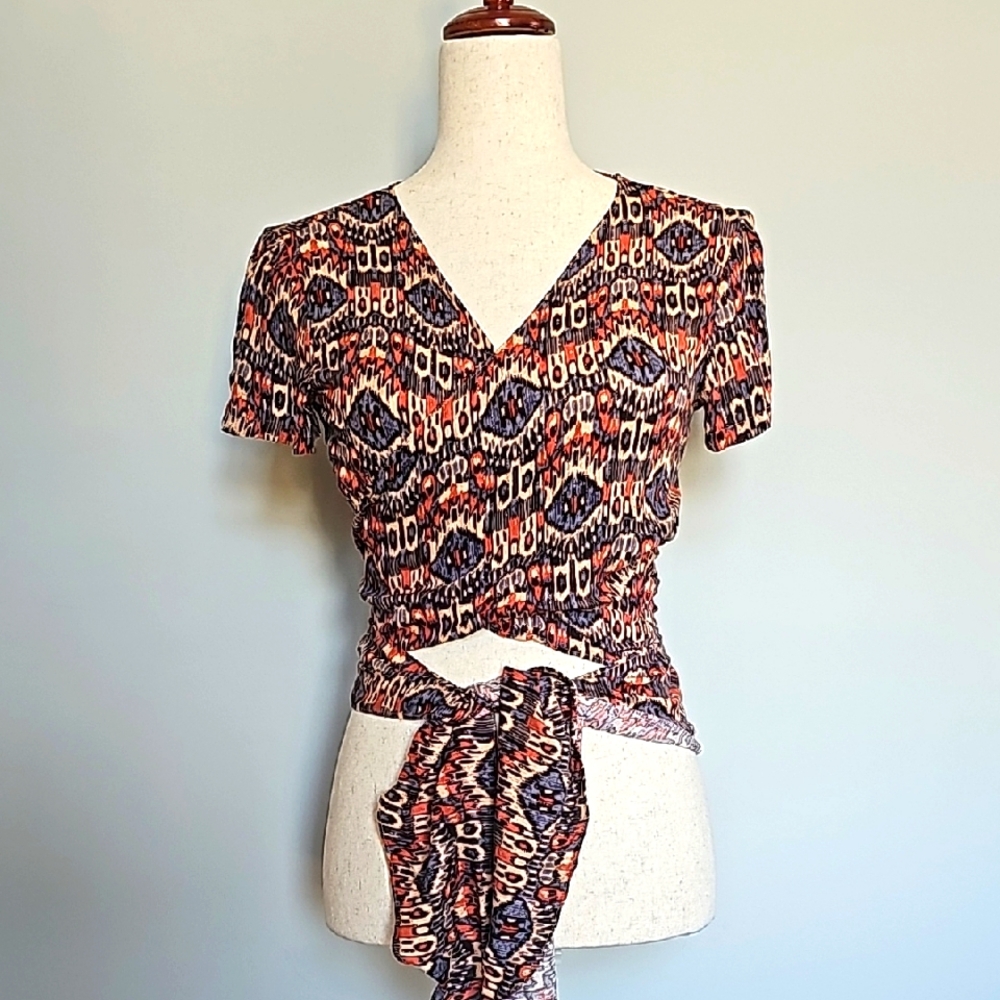 VICI Womens Short Sleeve V-neck Wrap Waist Tie Top  Blue Gold Orange Tan Size M